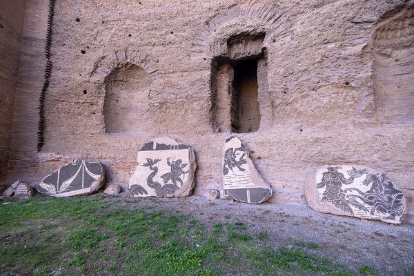 Black-and-white mosaics against bath walls