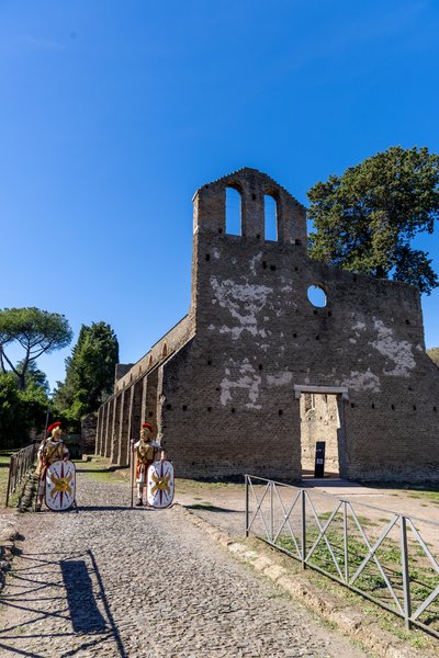Reenactors guarding ruins on the Appian Way